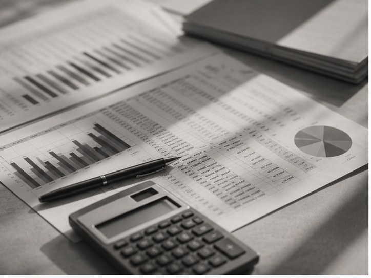 Graphiques financiers et calculatrice sur un bureau
