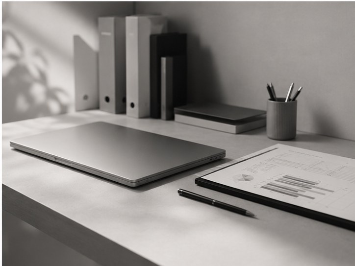 Ordinateur portable et documents sur un bureau minimaliste