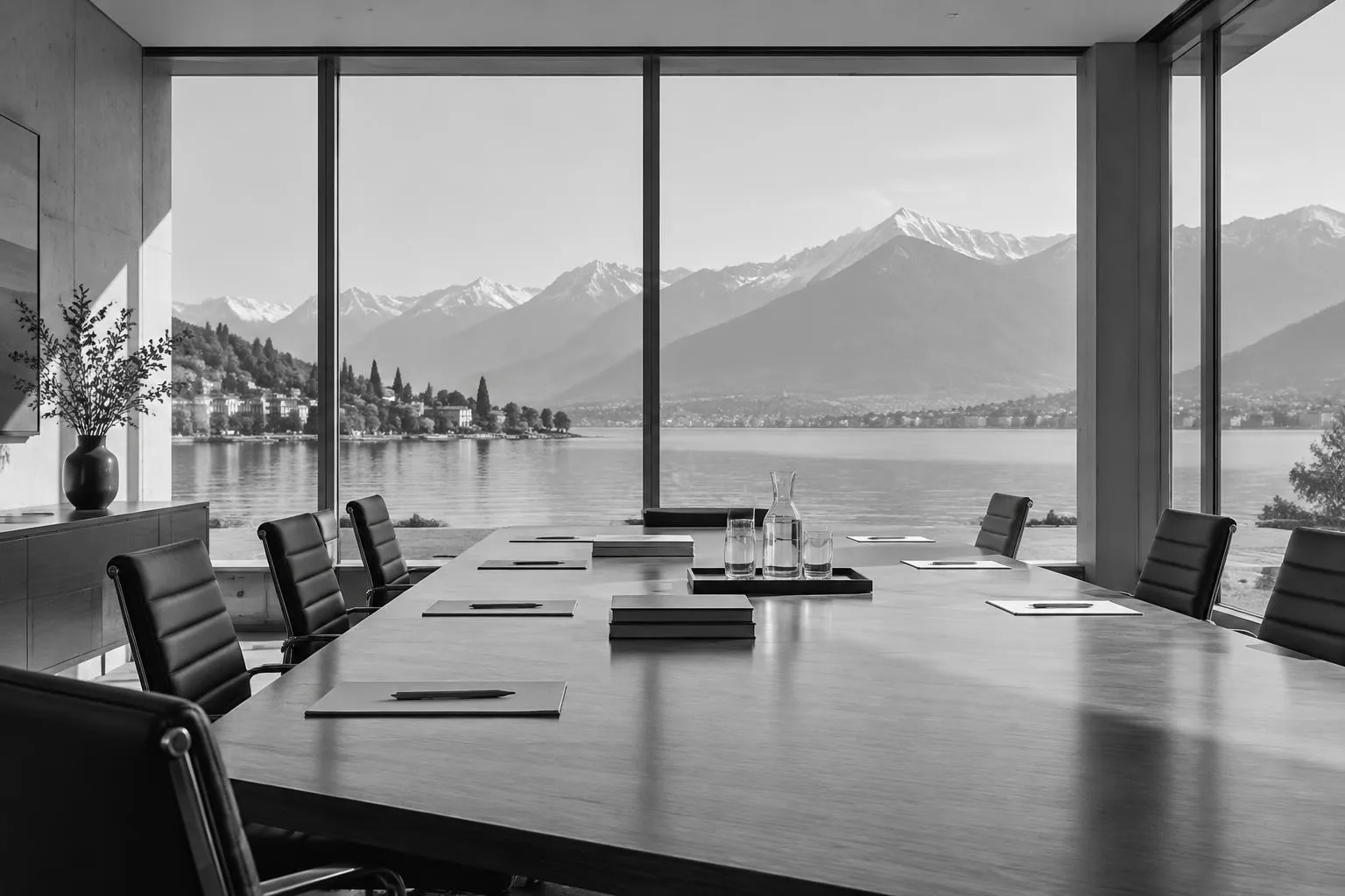 Uncluttered boardroom table with documents, lit by natural light and overlooking a Swiss lake