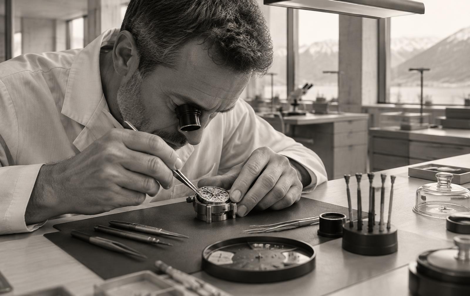 Artisan horloger travaillant à son établi dans une manufacture suisse